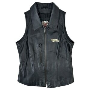 Y2K Vintage Harley Davidson Black Embroidered Leather Biker Riding Vest Jacket